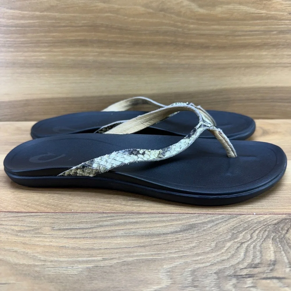 Olukai Ho'Opio Flip Flop Sandals Womens 8 Snake Leather Thong Vacation Resort
